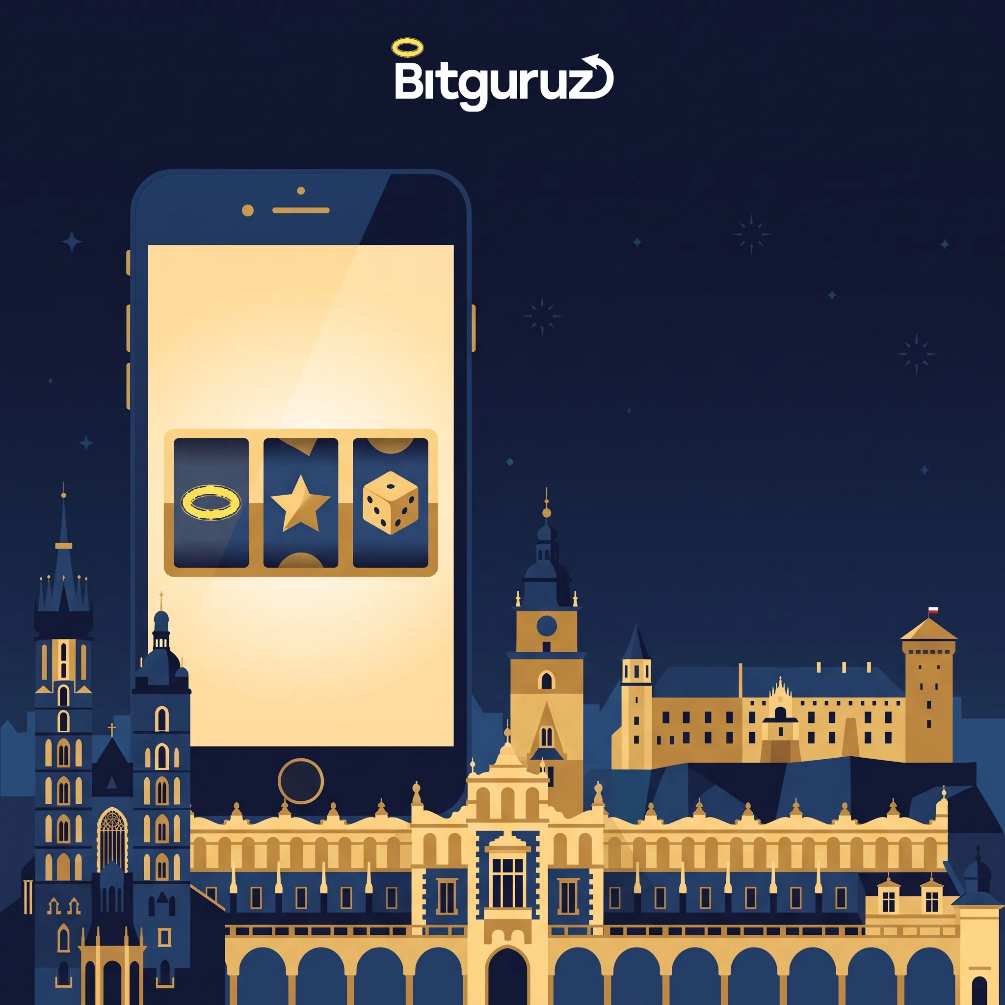 Smartfon z motywem gry Bitguruz na tle krakowskiej panoramy