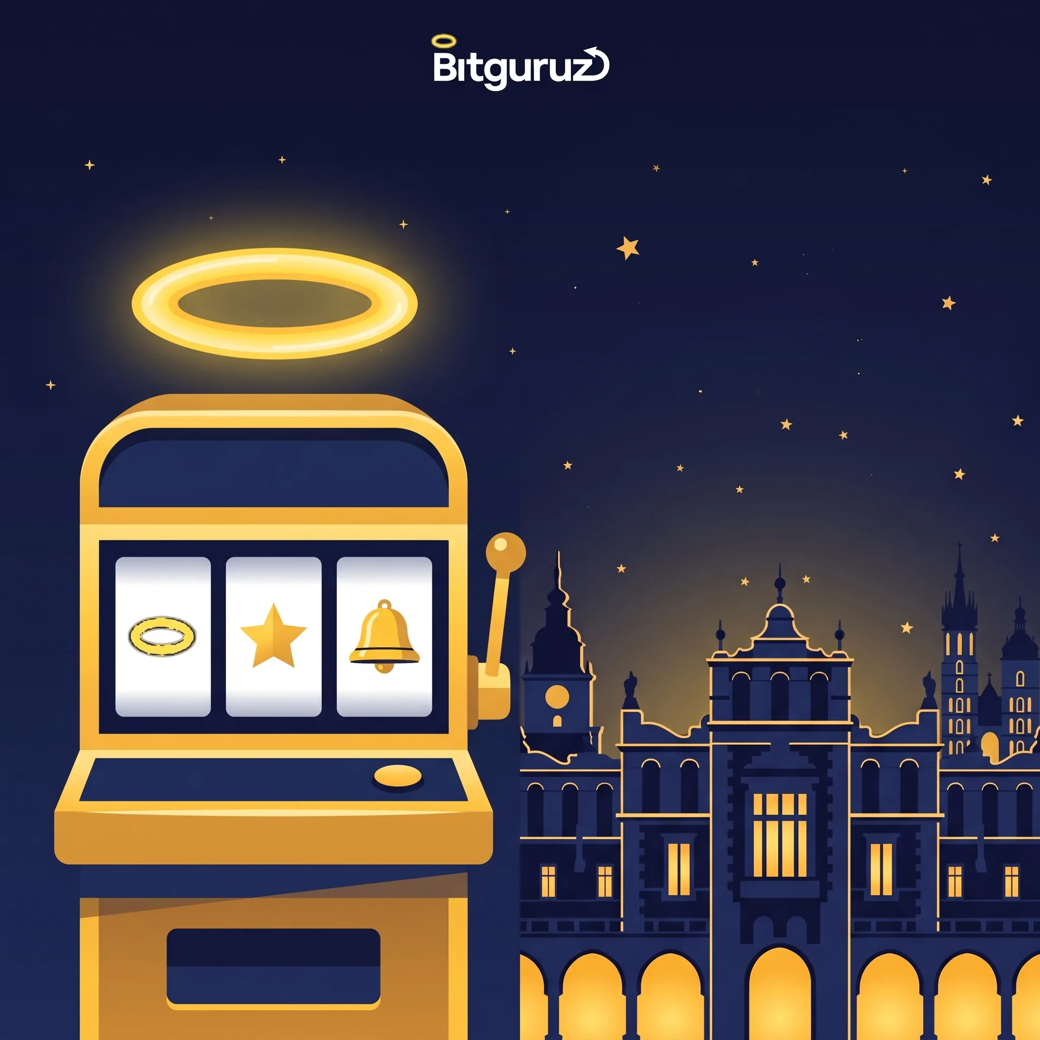 Złoty automat do gier i panorama Krakowa w ilustracji Bitguruz